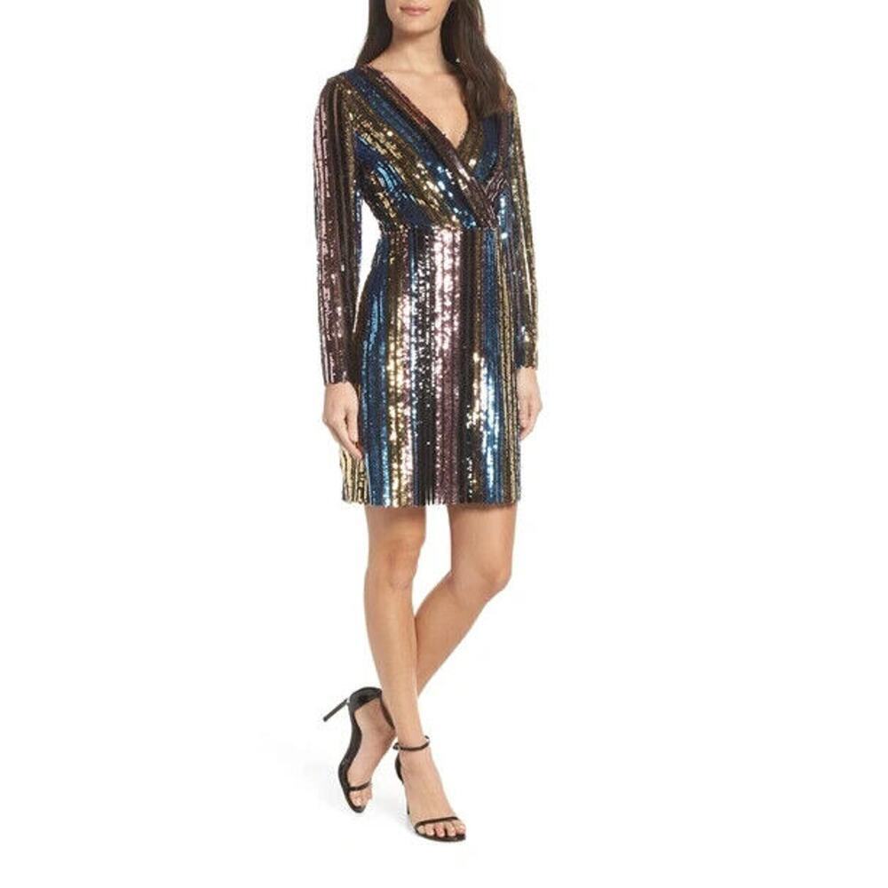 Sam Edelman Dress Womens 0 Multi Sequin Stripe Sparkle Faux Wrap Party Cocktail